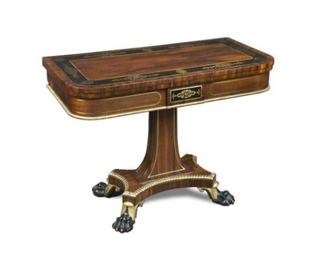 A Regency rosewood and parcel gilt card table, inlaid with a band of ebony and cut brass to a brass line border, opening to a