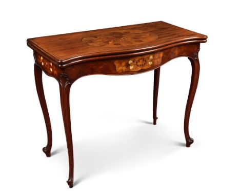 A George III French Hepplewhite mahogany card table, of serpentine outline with floral marquetry inlaid panels to the top, en