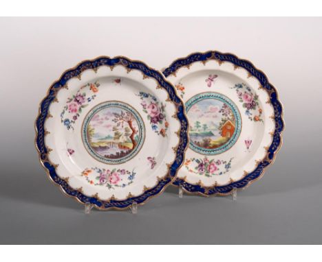 A set of six Worcester 'Earl of Dalhousie' pattern plates, circa 1780, each painted to the centre with landscapes, within tur