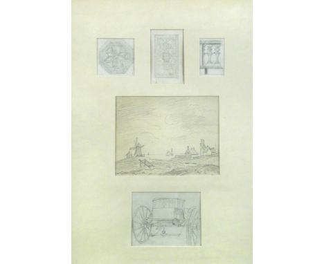 Attributed to Paul Sandby, RA (British, 1731-1809) Five pencil studies framed as one - architectural designs, a windmill and 