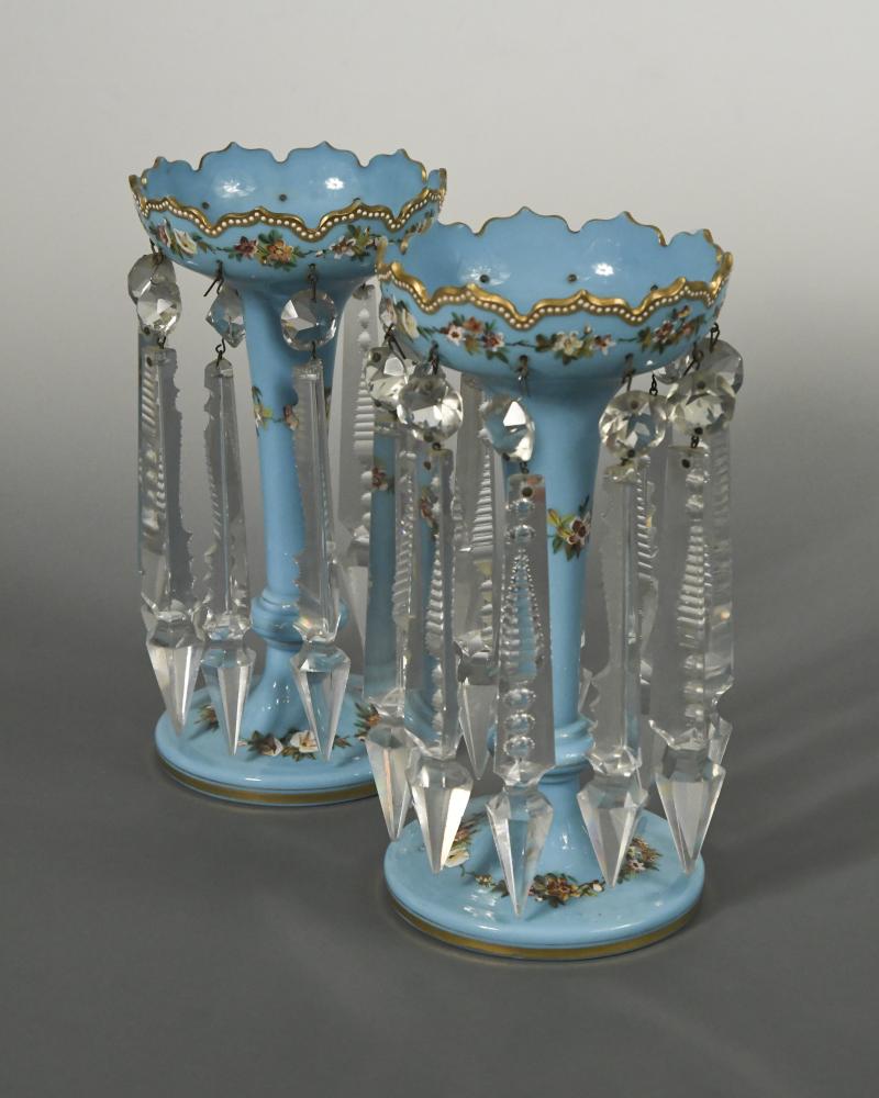 A Pair Of 19th Century Turquoise Blue Glass Lustres, Enamelled With 