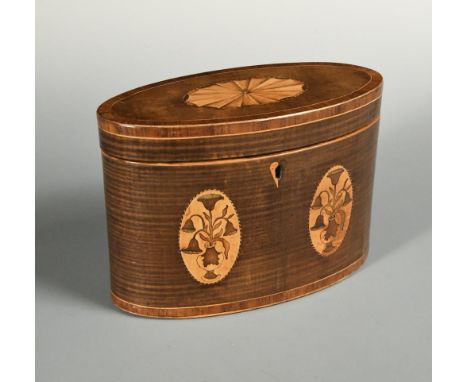 A 19th century oval sycamore tea caddy, with inlaid foliate motifs, the hinged cover opening to reveal a parquetry inlaid sta