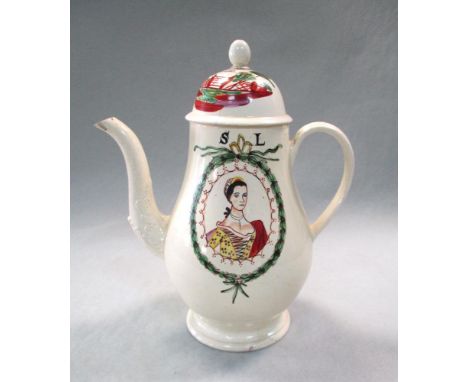 An 18th century creamware coffee pot and cover, probably Leeds, the pear shape body painted with the portrait of a lady in a 