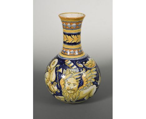 A 19th century Cantagalli bottle vase, decorated in the Renaissance manner with a portrait bust of Filomena, reserved on a bl