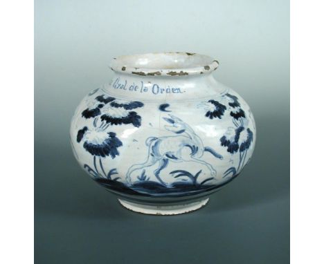 A rare Talavera faience blue and white pharmacy jar, circa 1625, the globular body inscribed 'N.R. Mo P.P or F. Martin de la 