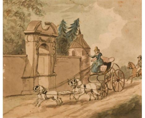 Attributed to Thomas Rowlandson (British, 1756–1827) A lady driving a high perch phaeton drawn by four grey horses watercolou