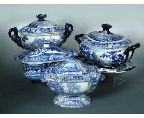A 19th century Stevenson pottery blue and white two handled tureen, cover and stand, printed with the 'Ancient Greece' patter
