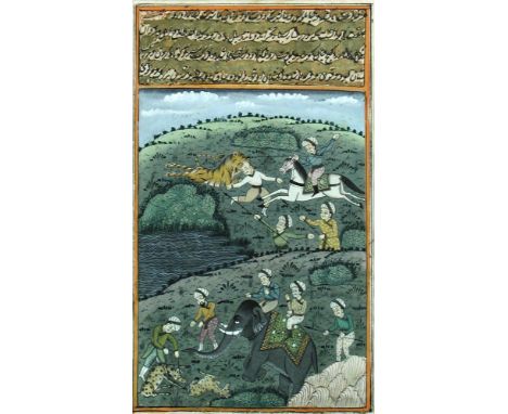 Mughal miniature paintings, 19th Century  Tiger and deer hunt with hunters riding in on a horse and on top of an elephant, wi