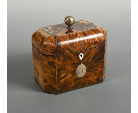 A 19th century tortoiseshell tea caddy, of rectangular form with canted corners and dome hinged cover opening to reveal twin 