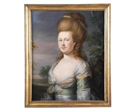 English Provincial School, 18th Century  Portrait of Mrs Barker, half length, in a white and green dress, in a landscape sett