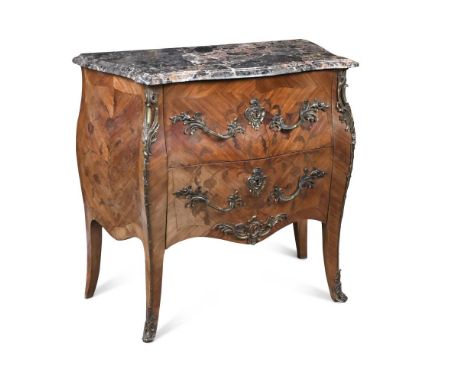A Louis XV style kingwood bombe commode, of serpentine outline with a pink veined grey marble, gilt mounts and on swept legs 
