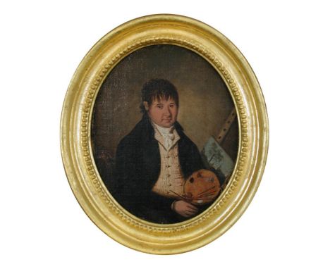 Attributed to George Morland (British, 1763-1804) Self-portrait of the artist, holding a palette oil on panel, oval 20 x 15cm