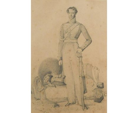 Daniel Maclise, RA (Irish, 1806-1870) Portrait study of an army officer, three-quarter-length, in military dress, his sword i
