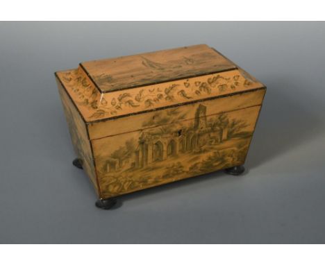 A late Regency penwork tea caddy, of sarcophagus form, the hinged cover decorated with marine scene opening to reveal a flora