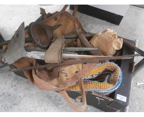Box inc vintage tool bag, tools and rag rug