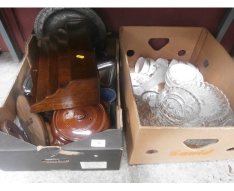 2 boxes inc wooden letter rack tea set and glass ware etc