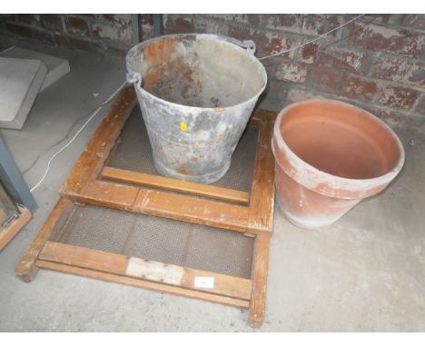 Galvanized bucket, terracotta pot and a vintage back rest