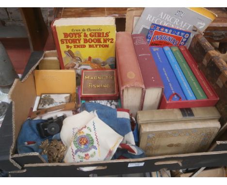 Box of collectables inc ordnance survey maps, silk picture, silk scarves etc