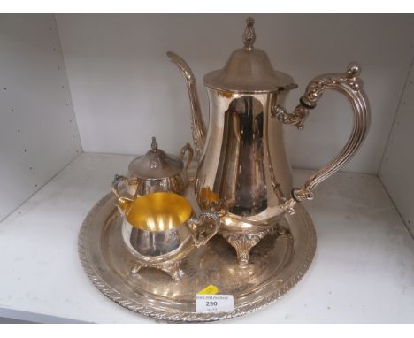 3 pc metal tea set on tray