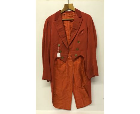 A vintage red Master's hunt coat with "EH" hunt buttons together with a gents plain black dinner jacket and trousers and a bl