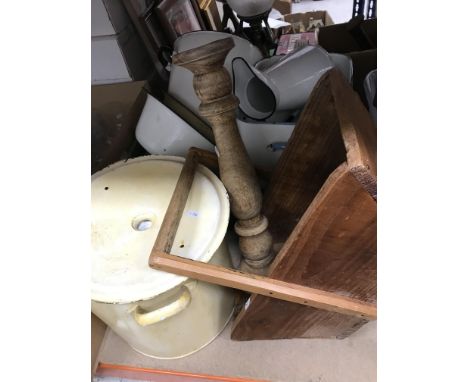 A collection of enamelled kitchenalia, a wooden trug, candlestick and a bargeware style painted milk churn, signed "E Webber"