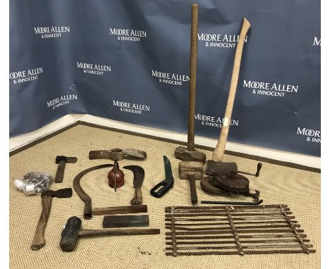 A box of various vintage hand tools including curved hook, wooden mallet, rubber mallet, hatchet, etc., together with large a