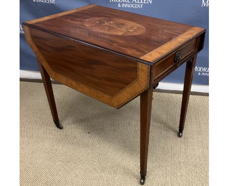 A 19th Century mahogany and inlaid Pembroke table, the top with oval panels set with musical instruments and flowers within a