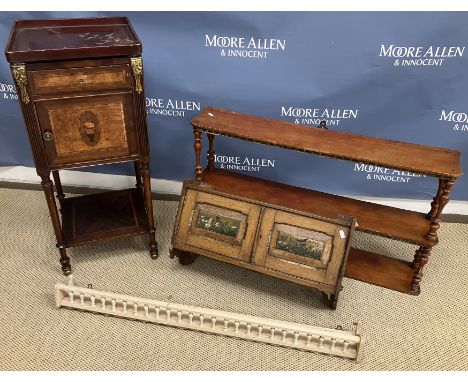 A Continental mahogany and inlaid pot cupboard in the Louis XVI style with a later added lacquered tray top, 36cm wide x 84.5