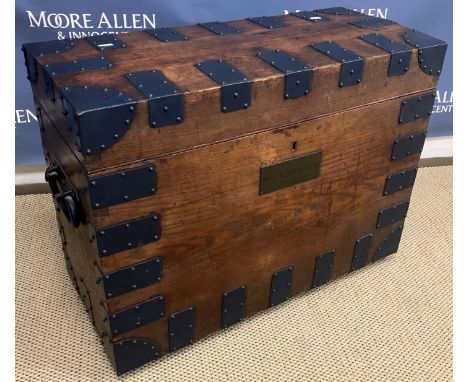 A circa 1900 iron bound oak silver chest of slim proportions bearing brass maker's plaque "R & S Garrard & C 25 Haymarket, Lo