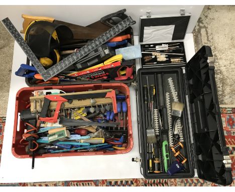 A quantity of assorted hand tools to include various saws, planes, screwdrivers etc and a workbox containing similar, mitre s