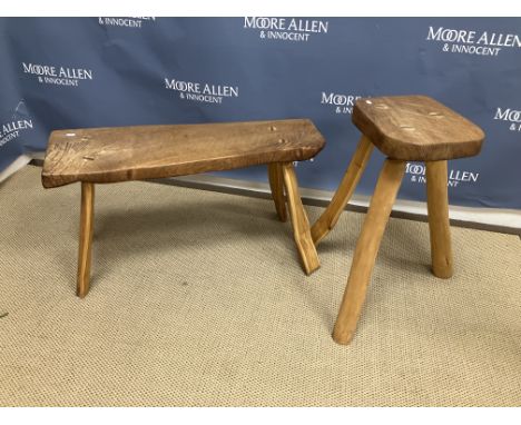 A modern Welsh oak rustic pig bench on splayed supports, 86 cm x 26.5 cm x 46 cm high and a near matching tripod stool, 33 cm