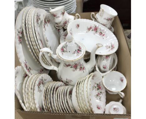 A Royal Albert Lavender Rose part dinner/tea service comprising tea pot, cream jug and sugar bowl, six tea cups, six coffee c