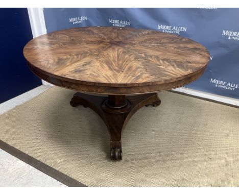 A Victorian mahogany breakfast table, the circular segmented figured top with plain frieze on a tapered octagonal pedestal to