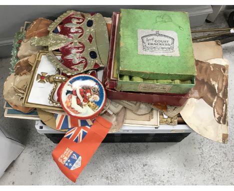 Two boxes of various vintage and early 20th Century Christmas decorations and ephemera including a box of Sprag's Court crack