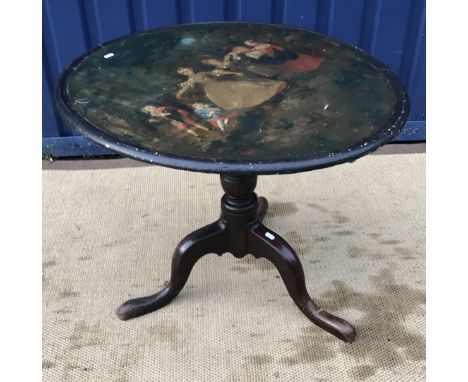 A 18th Century oval pedestal tripod table on cabriole legs to pad feet, the top decorated with figures dancing in a garden se