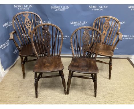 Two early 20th Century Thames Valley style wheel and stickback elbow chairs together with two similar standard chairs, a circ