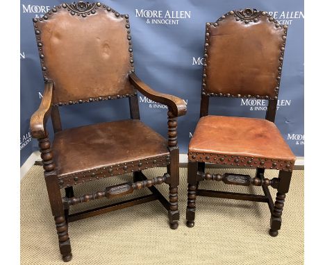 A set of six early to mid 20th Century oak framed studded leather upholstered dining chairs in the 17th Century Continental s