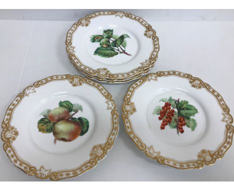 A 19th Century Worcester dessert service comprising two tazzas and five plates, each individually hand painted with fruit inc