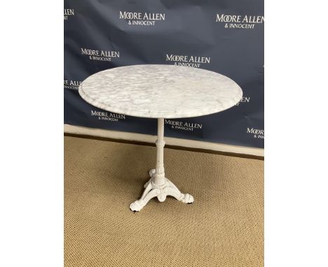 A Tavern type grey veined white marble occasional table, the circular top on a white painted cast iron tripod base in the Vic