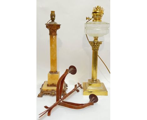 A mixed group of lighting comprising an alabaster Corinthian column lamp with brass/alloy terminals (h- 52cm), a lacquered br