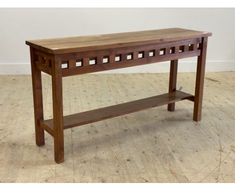 A contemporary stained teak console table, with slatted frieze raised on square section supports united by an under tier, H76