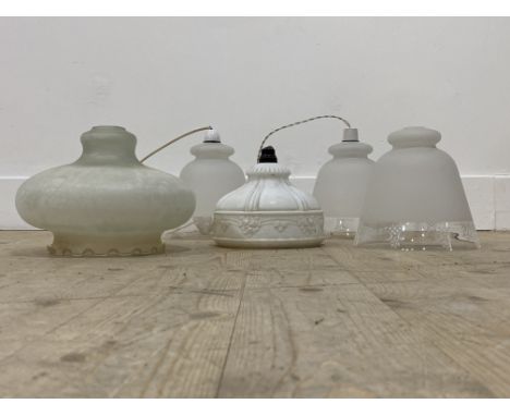 A 1930's moulded opeline glass pendent light fitting of classical inspiration, (D21cm) together with a moulded glass light sh