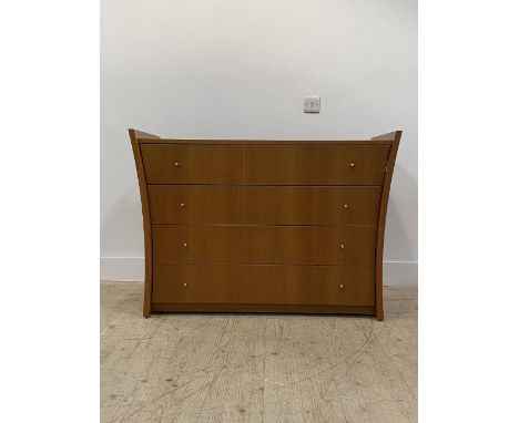 Tom Schneider Embrace range, a contemporary cherry wood chest of four drawers, raised on concave panel end supports H86cm, W1