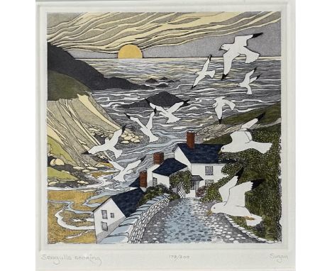 Suzan Tathman (British), Seagulls Soaring print 179/200, signed pencil bottom right in a gilt glazed frame (18cmx17cm)