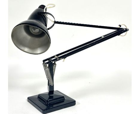 A Mid Century classic black enamel Angle Poise lamp on weighted square stepped base, (H  fully extended 96cm x base 15cm sq) 