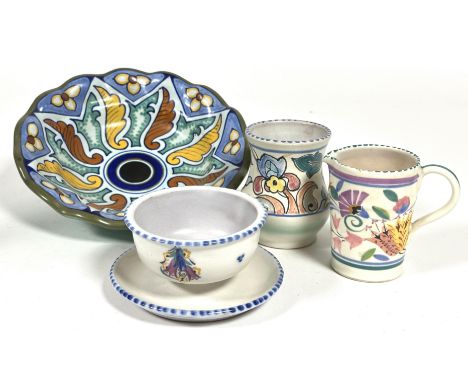 A Dutch Gouda Ware scalloped dish decorated with leaf and floral star design, (D x 23cm) inscribed verso, a Poole pottery gra