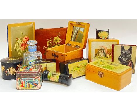 A mixed group of boxes comprising six small sycamore/fruit-wood boxes (mostly sewing related) with printed designs (tallest h