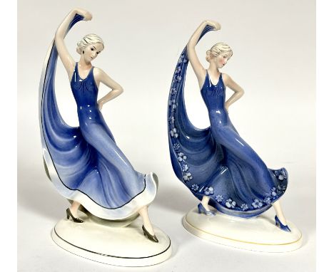 Katzhutte, a pair of Art Deco porcelain dancing figures, each with left arm holding the hem of their evening gown and one wit