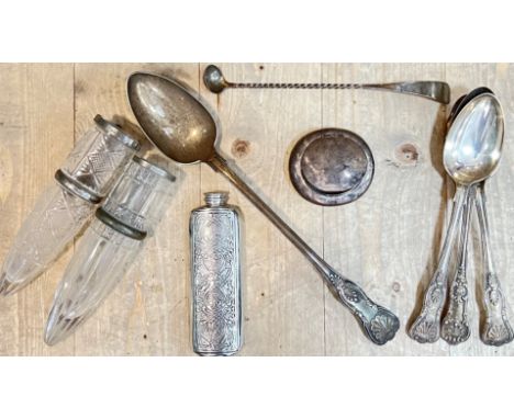 A mixed group of silver plated/pewter items comprising four silver plated serving spoons with half/double palmette handles (l