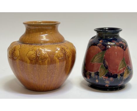 A Moorcroft pottery vase decorated with pomegranates (h- 16cm) and Pilkington Royal Lancastrian ceramic arts an craft style v